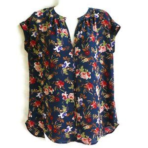 Philosophy Navy Blouse Floral Split Neck Cuffed Sleeve Curved Hem M
